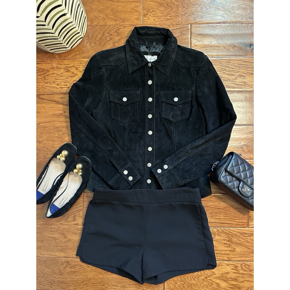 Vintage Live A Little Black Leather Suede Jacket Womens Small Y2K Western Biker